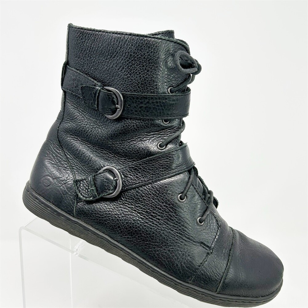 Born Black Lace-Up Side Zip Double Buckle Biker Moto Flat Ankle Boots Size 10